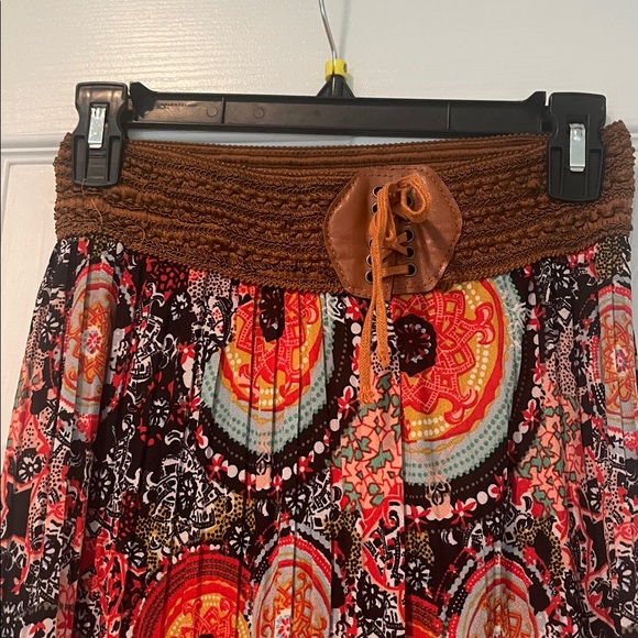 Boho Multi-Color Printed Maxi Skirt with Brown Waist Tie - Picture 4 of 5